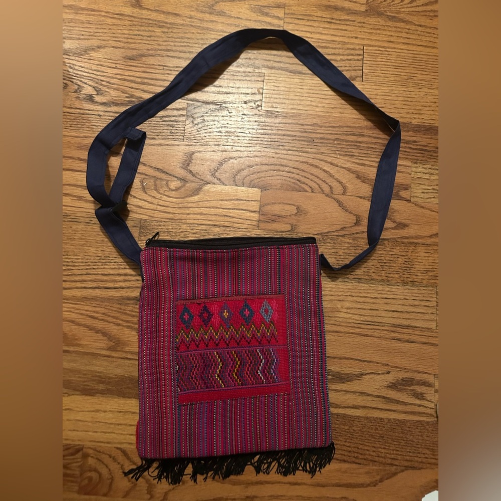 Boho Bohemian Granola Hippie Fringed Blue & Red Woven Purse W/ Adjustable Strap
